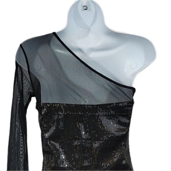 Forever 21 Sheer Mesh One Shoulder Sequin Little Black Dress Size Small - Picture 5 of 8